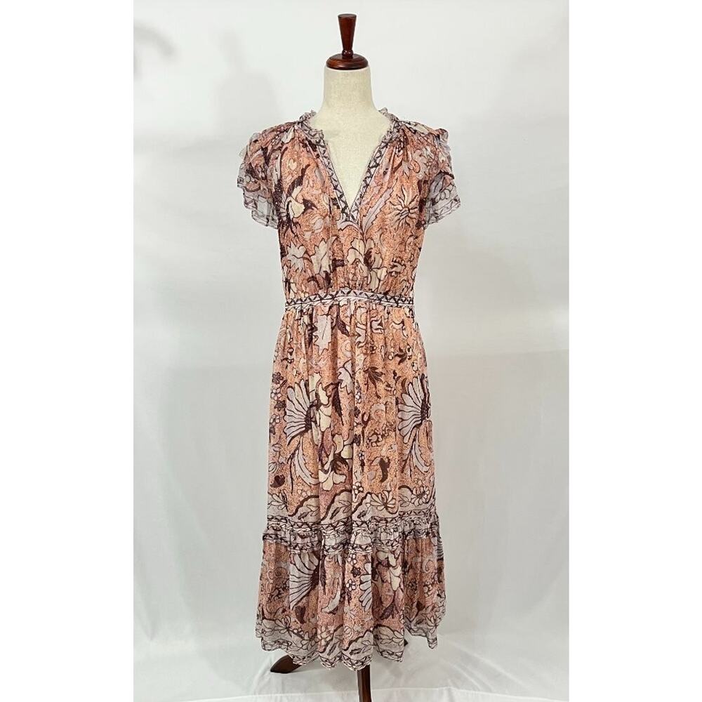 ULLA JOHNSON Sz 10 Celestia Blush Pink Print Silk Short Sleeve Midi Dress - Picture 2 of 12